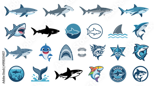 A collection of various shark illustrations, including realistic depictions, cartoon styles, and logo designs.