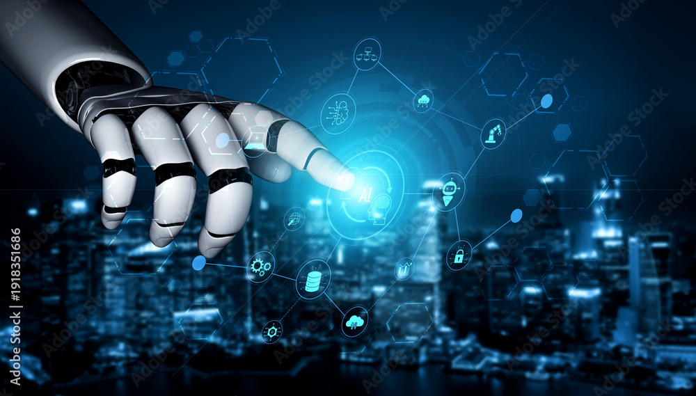 Fototapeta premium AI enables collaborative intelligence by linking robotics, machine learning, and data systems to automate operations and improve real-time decision-making. Vouch