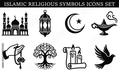 Islamic religious symbols icons set, black silhouette collection featuring mosque, crescent moon, lantern, prayer beads, calligraphy scroll, oil lamp, dove, spiritual faith vector illustration isolate