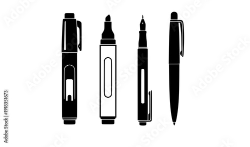 Black markers and pens silhouette vector set
