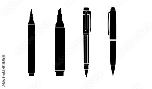Stationery marker and pen silhouette collection vector
