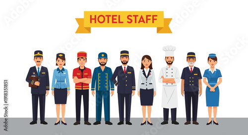 Illustration of diverse hotel staff in uniform standing together