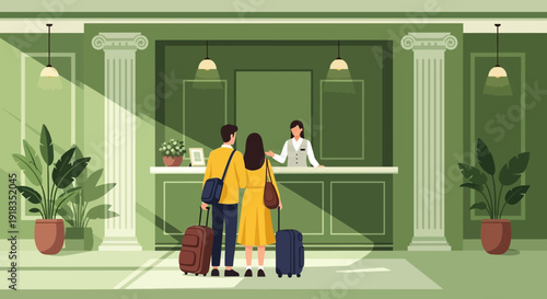 Illustration of a couple with luggage checking in at a hotel reception desk