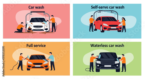 Infographic illustration of various car wash services including car wash, self serve car wash, full service, and waterless car wash.