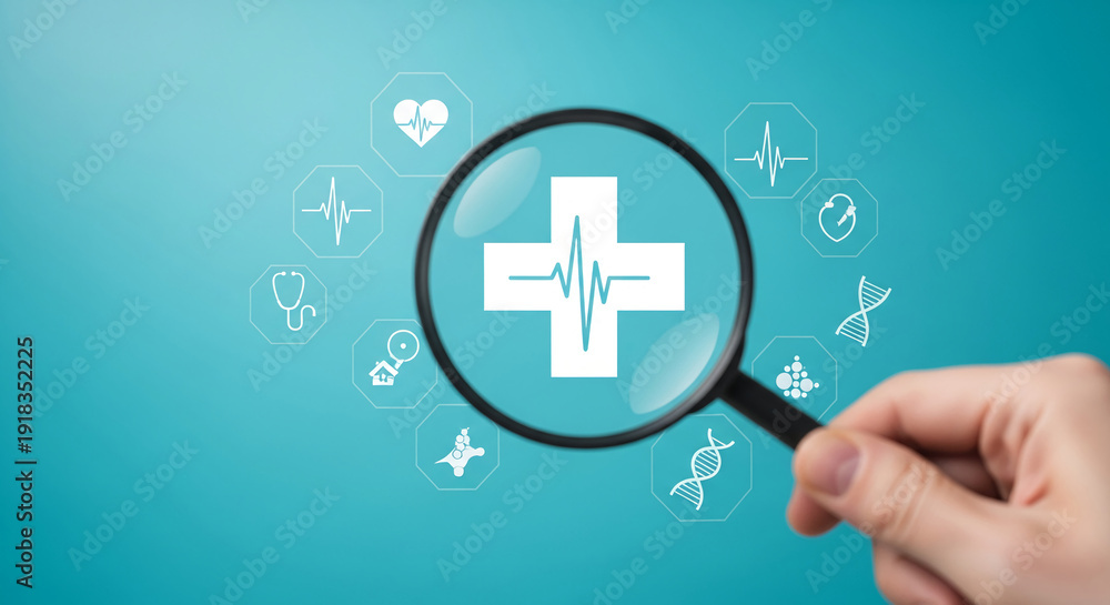 Fototapeta premium Hand holding a magnifying glass over a white plus sign with heartbeat line, medical icons around, representing healthcare, wellness, science, research