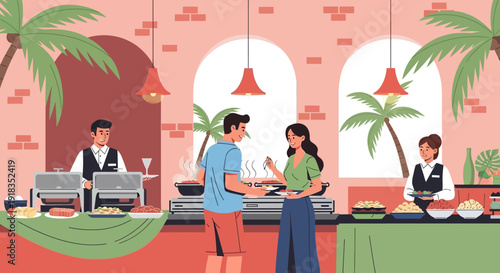Illustration of a couple ordering food from a buffet with palm trees in the background