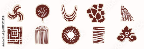 Hand drawn abstract swirl accent flourish illustration motif set. Ethnic block print style line windmill shape. Isolated flat vector editable. Decorative modern style creative boho sticker collection 