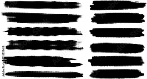 Grunge paint stripes and brayer print effects with merged black lines.
Thick rectangular callout stamps and chalk-style text boxes.