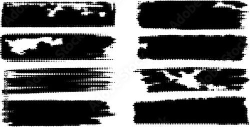 Grunge paint stripes and brayer print effects with merged black lines.
Thick rectangular callout stamps and chalk-style text boxes.