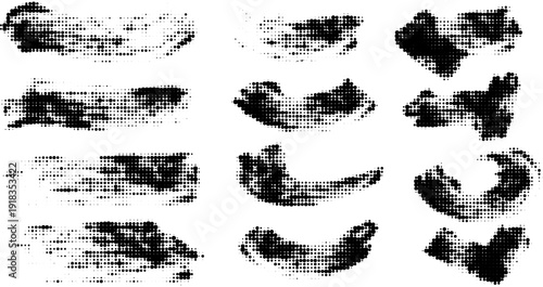 Grunge paint stripes and brayer print effects with merged black lines.
Thick rectangular callout stamps and chalk-style text boxes.