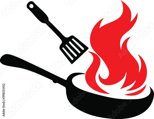 Frying pan with spatula and flames representing cooking and hot food ideal for restaurant menus and culinary concepts