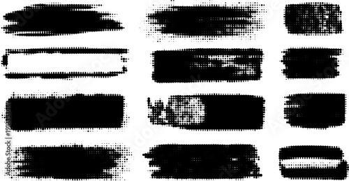 Grunge paint stripes and brayer print effects with merged black lines.
Thick rectangular callout stamps and chalk-style text boxes.