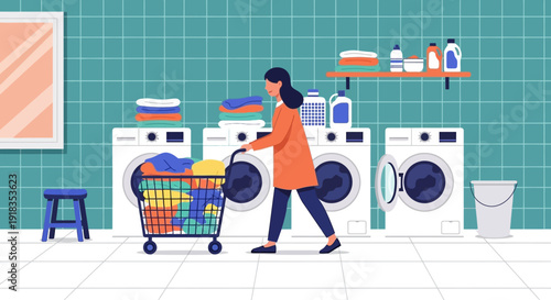 Woman pushing a laundry cart filled with clothes in front of washing machines in a laundry room with teal walls and white tiles.