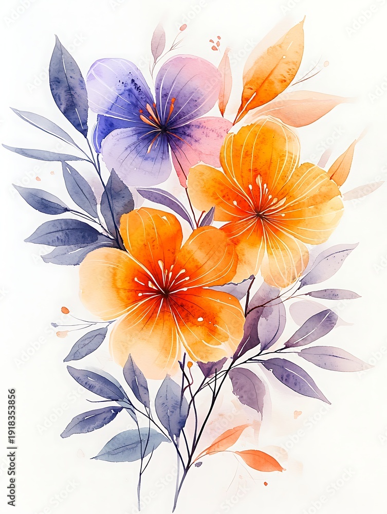 Obraz premium Floral Symphony: A captivating watercolor illustration of vibrant blossoms and delicate foliage, celebrating the beauty and harmony of nature's artistry.