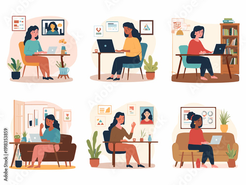 A colorful illustration depicting someone working remotely. Perfect for concepts of modern work, digital lifestyle, or online productivity.