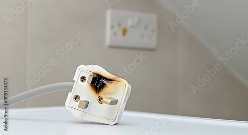 Tapety artystyczne Damaged electrical plug with burn marks on white surface