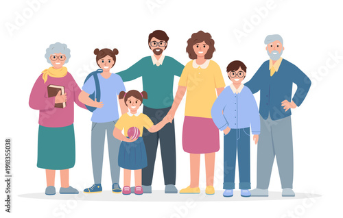 Happy family portrait. Three generation - grandparents, father and mother, children of different ages. Parents, siblings, relatives characters. Vector illustration on white background.