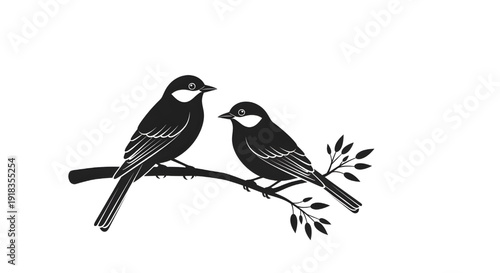 Two birds sitting on a branch in a simple black and white illustration