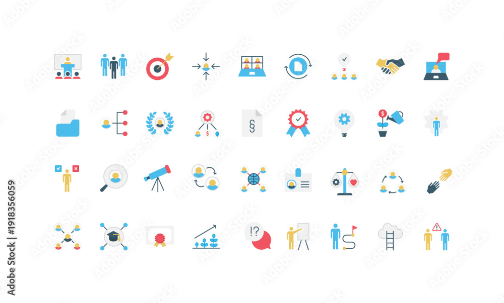 Fototapeta premium Human resources, online job interview and partnership, leadership and company team, career color icon set. Business training for professional skill and ideas, salary growth flat vector illustration
