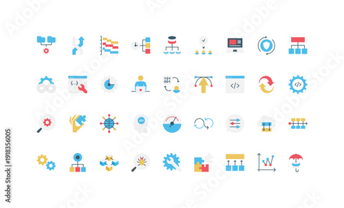Colorful flat style DevOps icons set showing workflow, automation, coding, cloud, integration, monitoring, and agile process for software development isolated vector illustration