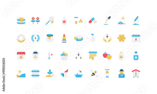 Honey production and bee of beehive, honeycomb and beekeeping in apiary, beekeeper color icon set. Honey for tea and cake, vitamin pills and cosmetics, quality research flat vector illustration
