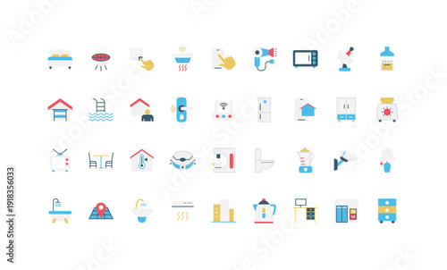Smart home systems, electrical appliances and furniture, house location color icon set. Surveillance and fire detector, door lock and thermostat, wireless control with phone flat vector illustration