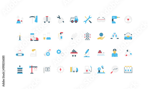 Industry equipment and building, factory machines and manufacture, vehicles color icon set. Power industry and nuclear station, oil barrel and renewable wind generator flat vector illustration
