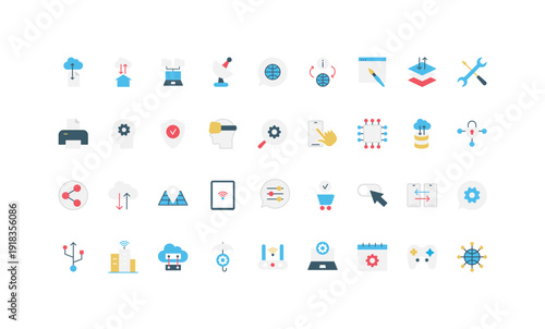 Information technology and engineering, internet communication, hardware, cybersecurity color icon set. Upload and share, transform and protect data, connect to network flat vector illustration
