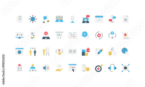 Colorful flat icons for language learning, translation, online education, communication, and study tools perfect for digital resources and educational websites isolated vector illustration