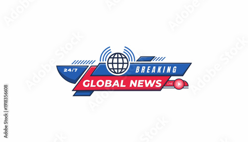 Breaking news logo with 24/7 global broadcast on a blue and red background