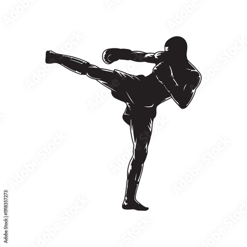 Muay Thai Fighter High Kick Silhouette Black and White Vector Illustration