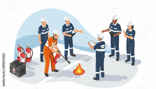 Illustration of a team of six workers in uniforms gathered around a small fire with safety equipment nearby on a gray surface