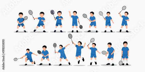 Dynamic Vector Illustration of Young Boys Playing Badminton, Depicted in Multiple Energetic Action Poses Showcasing Serving, Smashing, and Lunging Movements