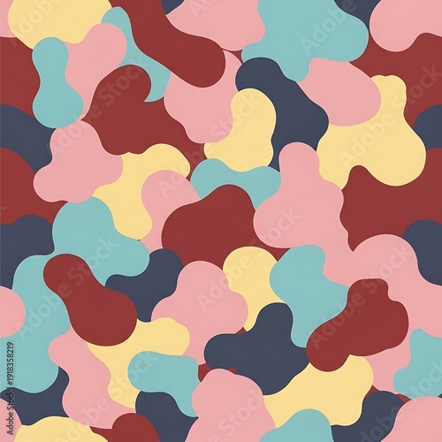 Abstract camouflage pattern with soft pastel colors and organic shapes.