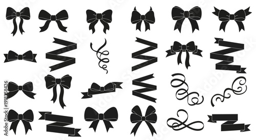 Black Ribbon Bow Silhouette Set with Curled Streamers and Decorative Banner Confetti for Gift Wrap and Celebration Design