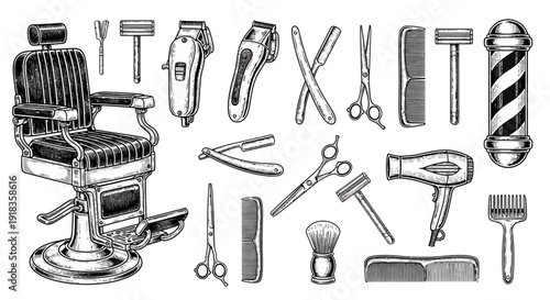 Vintage Barbershop Tool Set with Hair Salon Chair Scissors Razor and Shaving Accessories Hand Drawn Vector Illustration