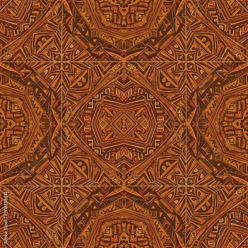 Intricate geometric pattern with warm earthy tones and tribal-inspired motifs.