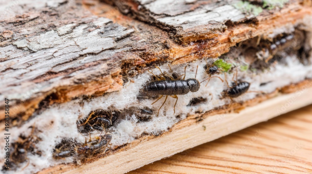Fototapeta premium Macro view of termites inside decayed wood with fungal growth. Insect colony in damaged timber. Infestation, decay and pest control concept