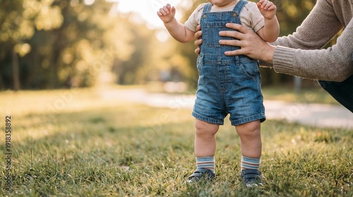 1 year old baby boy, walking on grass, holding parent's hand, outdoors, natural lighting, soft focus, warm tones