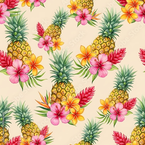 Seamless watercolor pattern of pineapples and tropical flowers, perfect for summer designs.