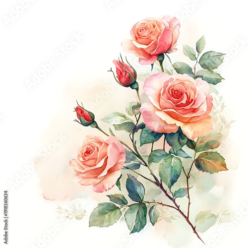 Blossoming Rose Bouquet: Delicate watercolor rendering of a cluster of lush roses in varying stages of bloom, with intricate details in petals and leaves, on a soft, painterly background.
