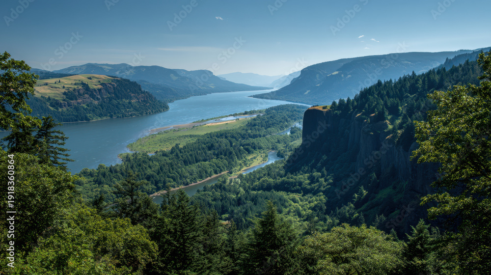 Obraz premium Summer nature landscape with river valley and forested cliffs under clear blue sky in scenic outdoor environment