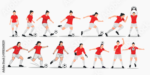 Collection of Diverse Illustrated Female Soccer Players Demonstrating Various Football Actions, Highlighting Dynamic Sports Movements and Skill Training