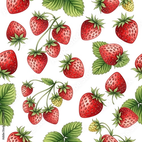 Seamless pattern of ripe red strawberries with green leaves and unripe green berries on a white background.