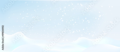 Winter snow scene with 3D white snowdrifts and realistic snowy landscape. Perfect background for holiday designs, featuring ice covered ground and mountain borders.