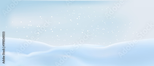 Winter snow scene with 3D white snowdrifts and realistic snowy landscape. Perfect background for holiday designs, featuring ice covered ground and mountain borders.
