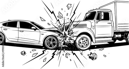 Car accident collision illustration showing two vehicles crashing head on symbolizing traffic accident, insurance claim, road safety, and transportation risk concept 
