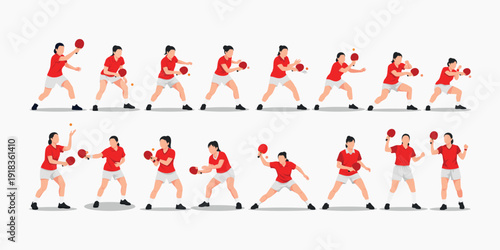 Dynamic Sequence of a Female Table Tennis Player Executing Various Serves, Volleys, and Ready Stances, Showcasing Different Actions of a Professional Athlete in a Competitive Match