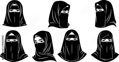 Muslim woman wearing black niqab and hijab portrait set vector illustration depicting traditional Islamic modest dress for middle eastern culture and religion. 
