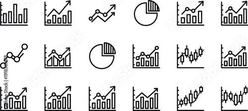Business analytics chart icons set, financial bar graphs, pie charts and growth line trends for corporate data visualization dashboard design, Vector illustration